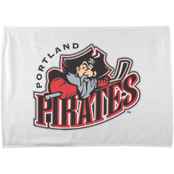 White custom rally towels with bold team logo.