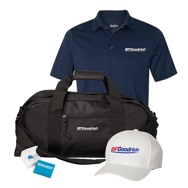 Complete golf deluxe set with custom polo, cap, bag, and branded accessories.