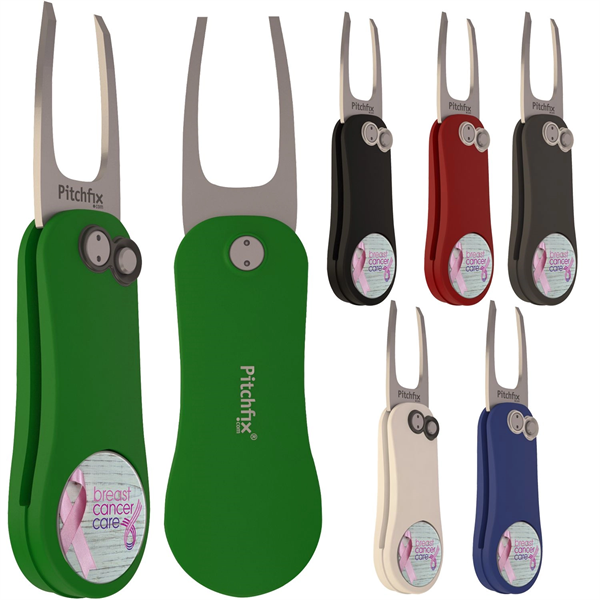 Custom Pitchfix golf divot tool with team-branded magnetic ball marker.