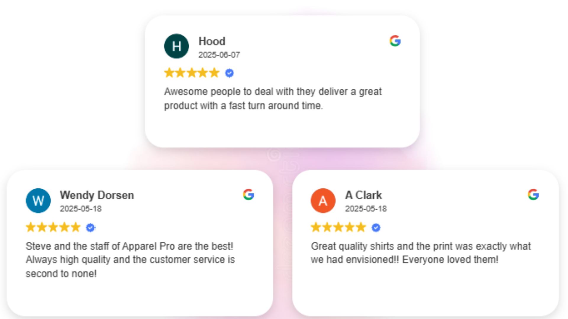 Client testimonials about The Apparel Pro’s fast turnaround time.