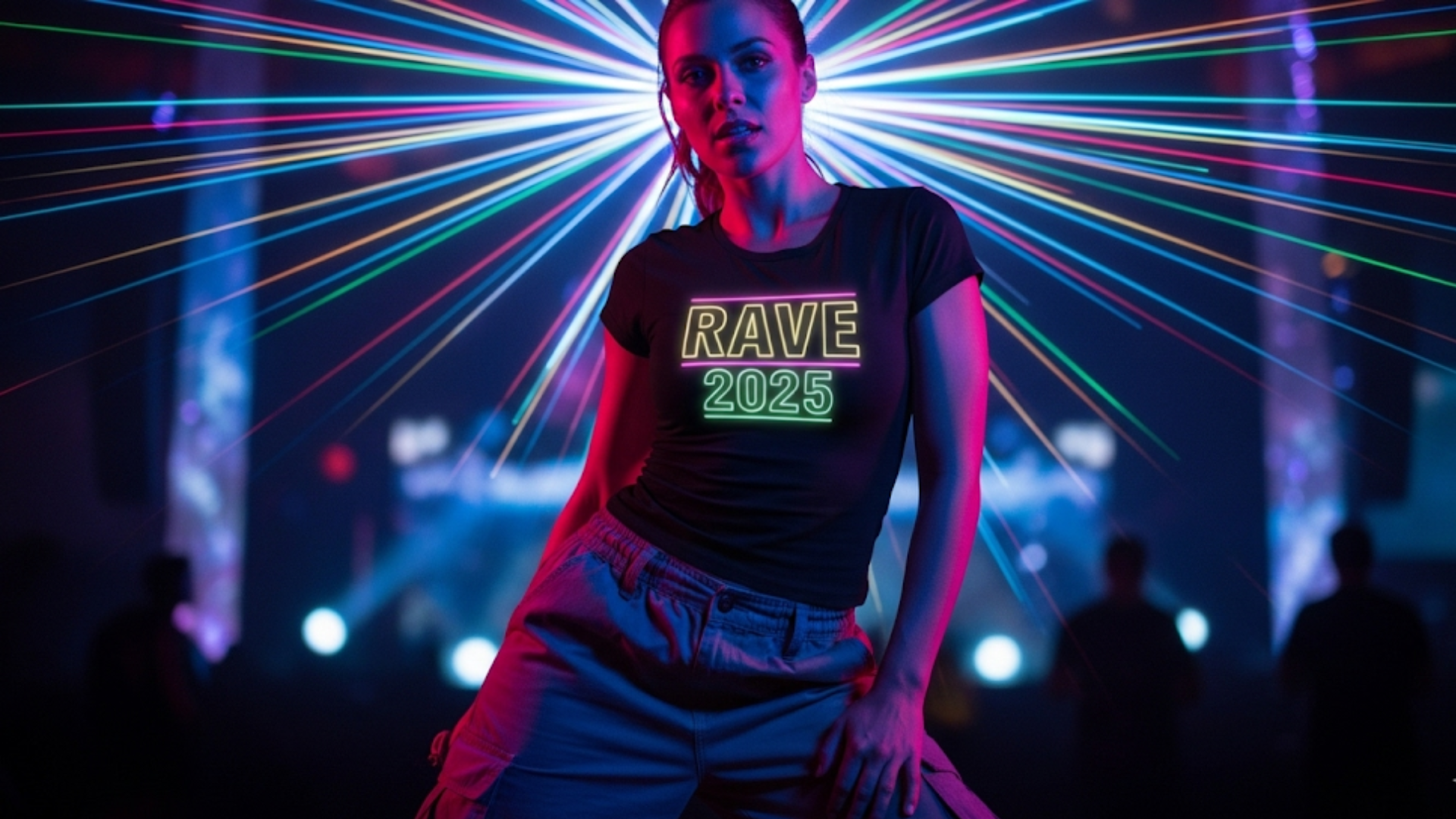 A woman in a fitted graphic tee and loose cargo pants