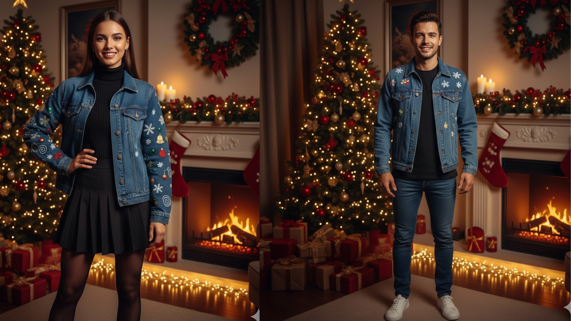 Customized denim jackets with Christmas ornament embroidery