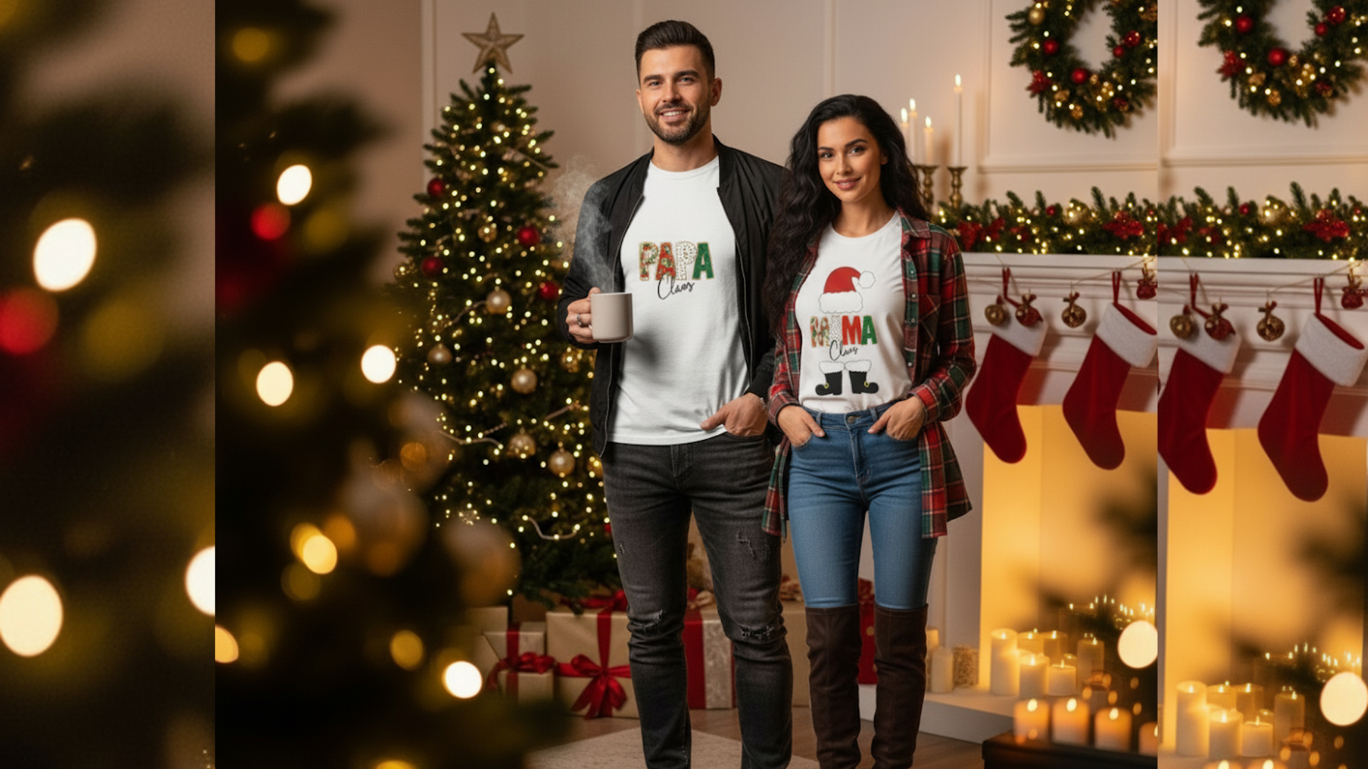 Couple wearing matching custom white t-shirts with baby Santa prints