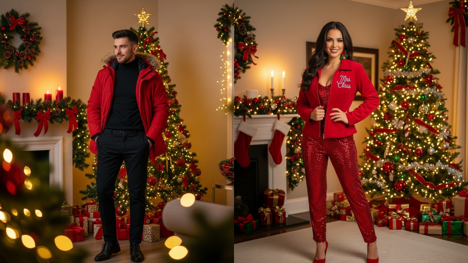 Couple wearing custom red Santa jackets