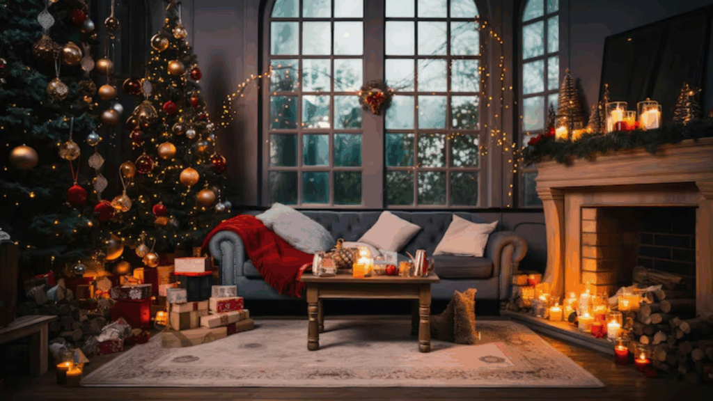 Cozy Christmas living room with festive tree, glowing lights, and holiday decorations.