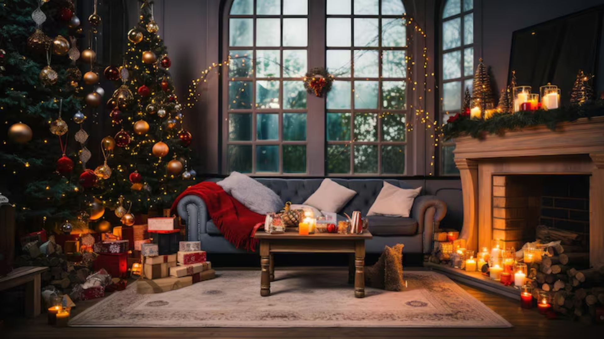 Cozy Christmas living room with festive tree, glowing lights, and holiday decorations.