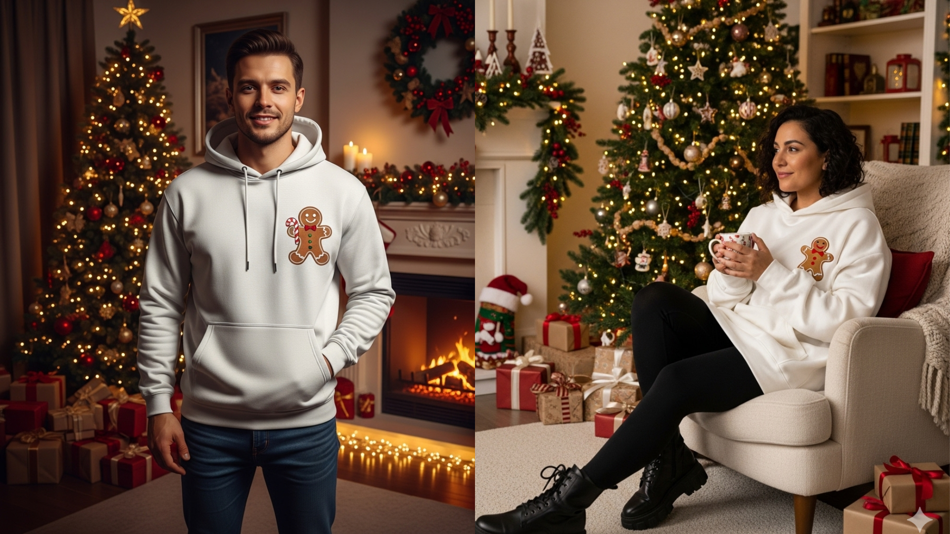 A Man and a woman rocking a gingerbread-themed custom hoodie