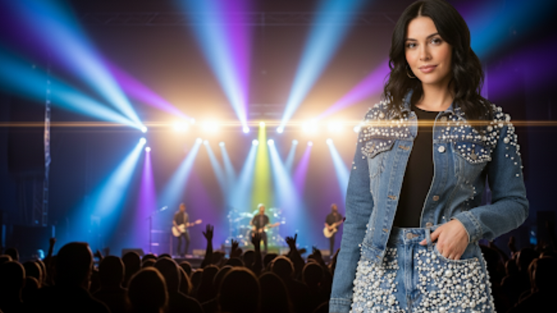 A woman wearing a beaded denim jacket and matching jeans
