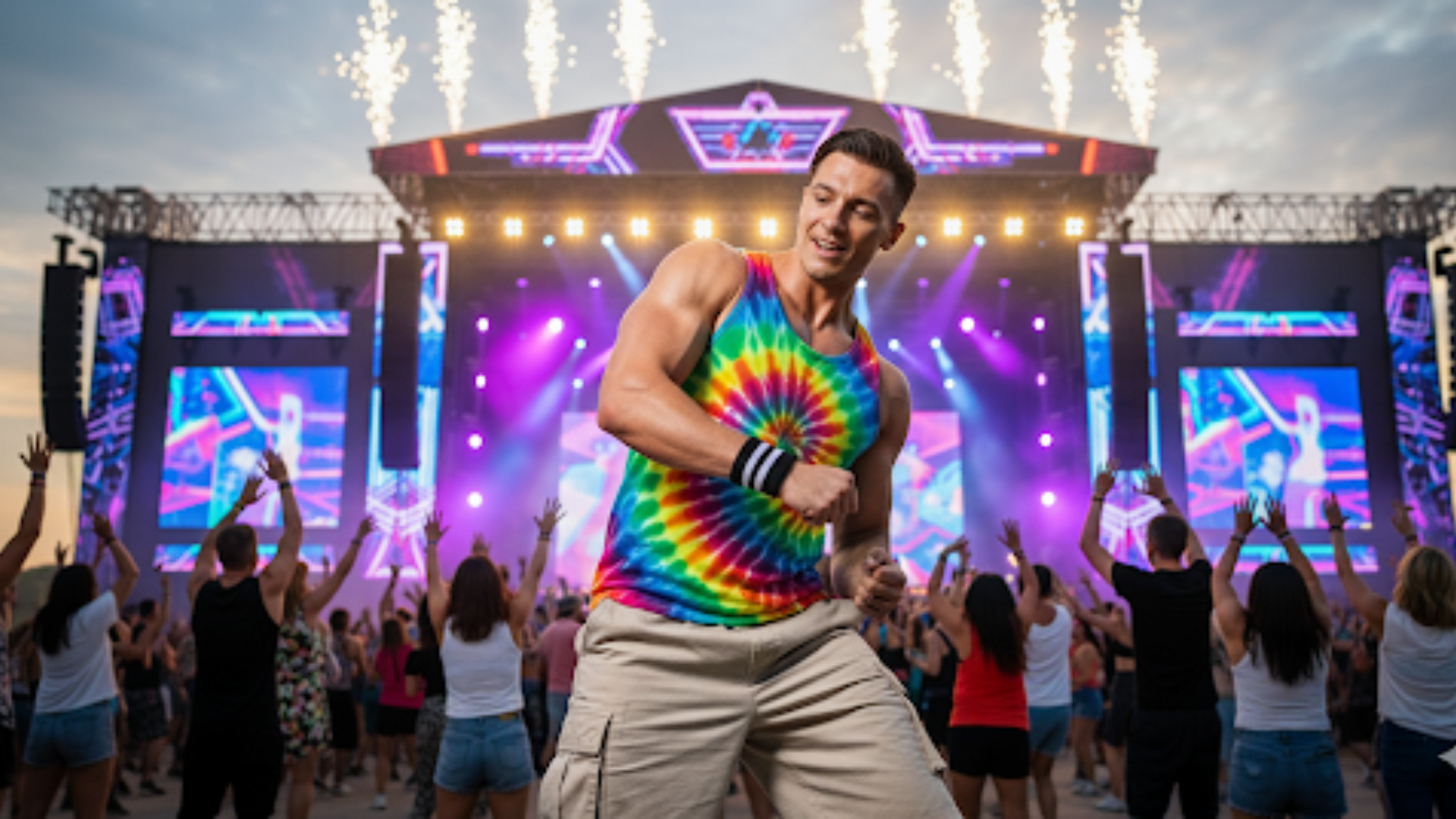 A man in a colorful tie-dye tank paired with A-line shorts