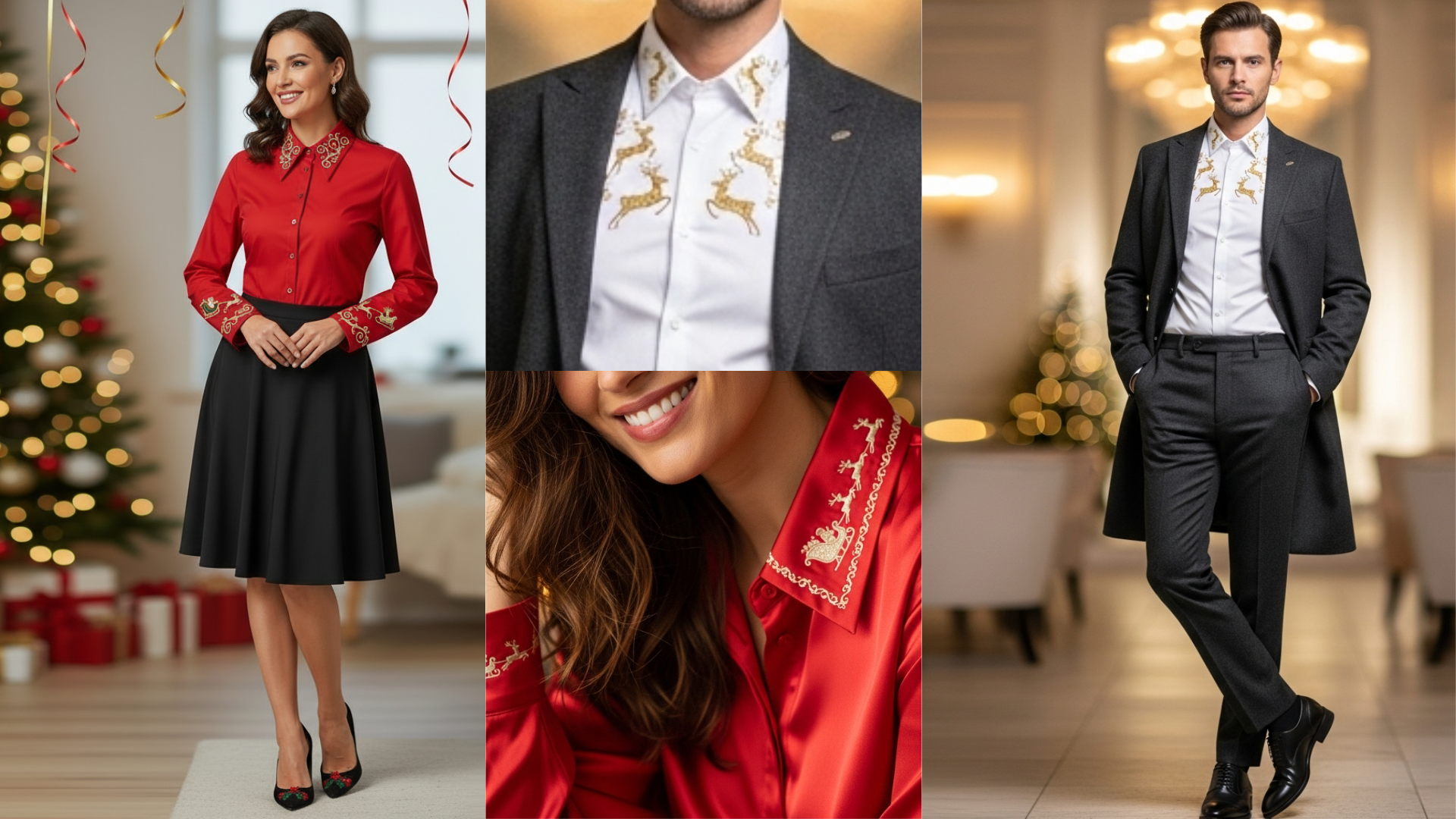 A Man and a woman in embroidered festive shirts with holiday detailing.