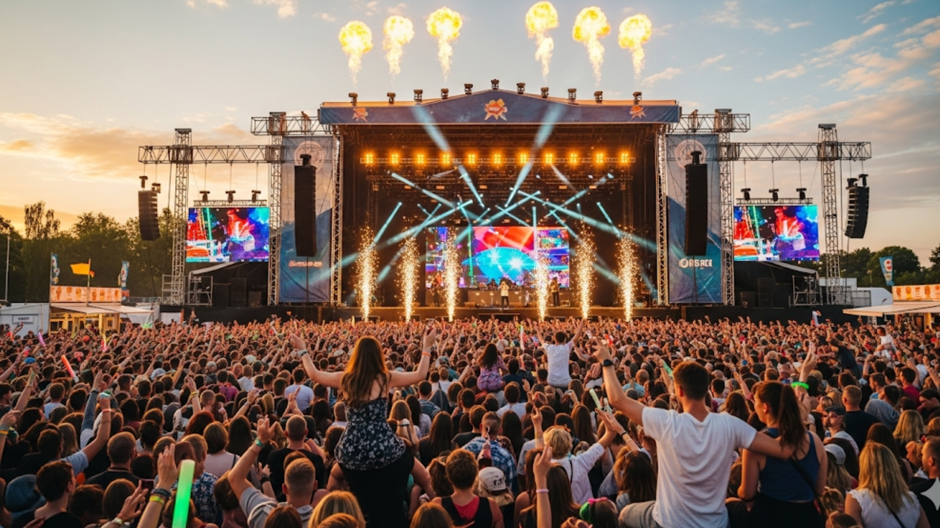 Crowd cheering at an outdoor music festival