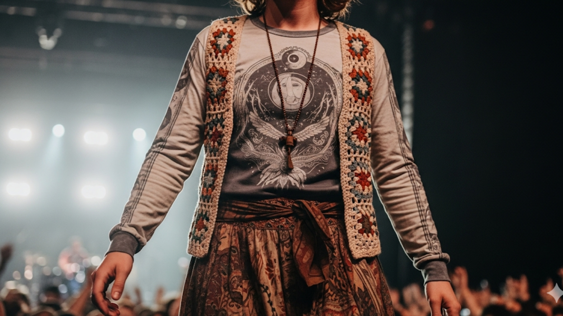 A woman in boho layers: crochet vest, long-sleeve tee, and flowy patterned pants, with earthy tones and nature-inspired accessories.