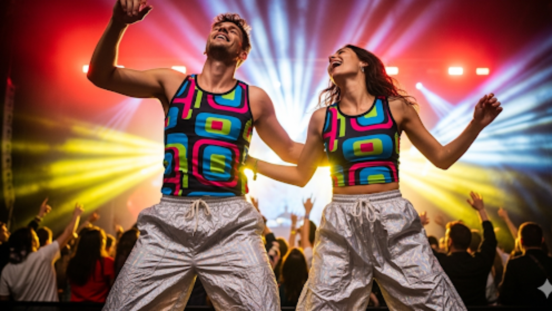A couple dancing in a sleeveless sports tank and oversized cargo shorts