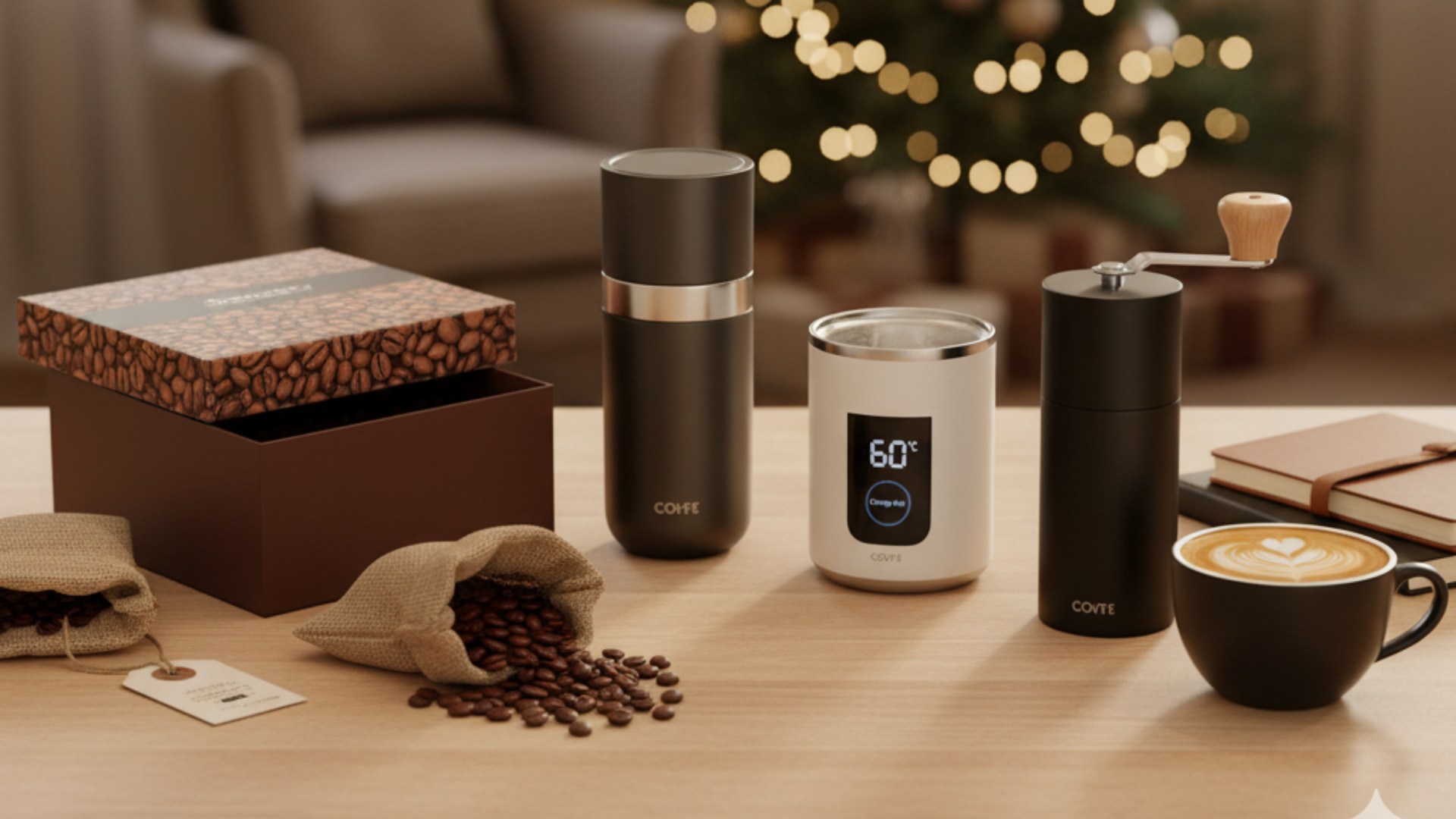 Various portable coffee-related items on a wooden table, including coffee grinders, a temperature-controlled mug, a gift box of coffee beans, and a black mug of latte, with a decorated Christmas tree and an armchair in the blurred background.