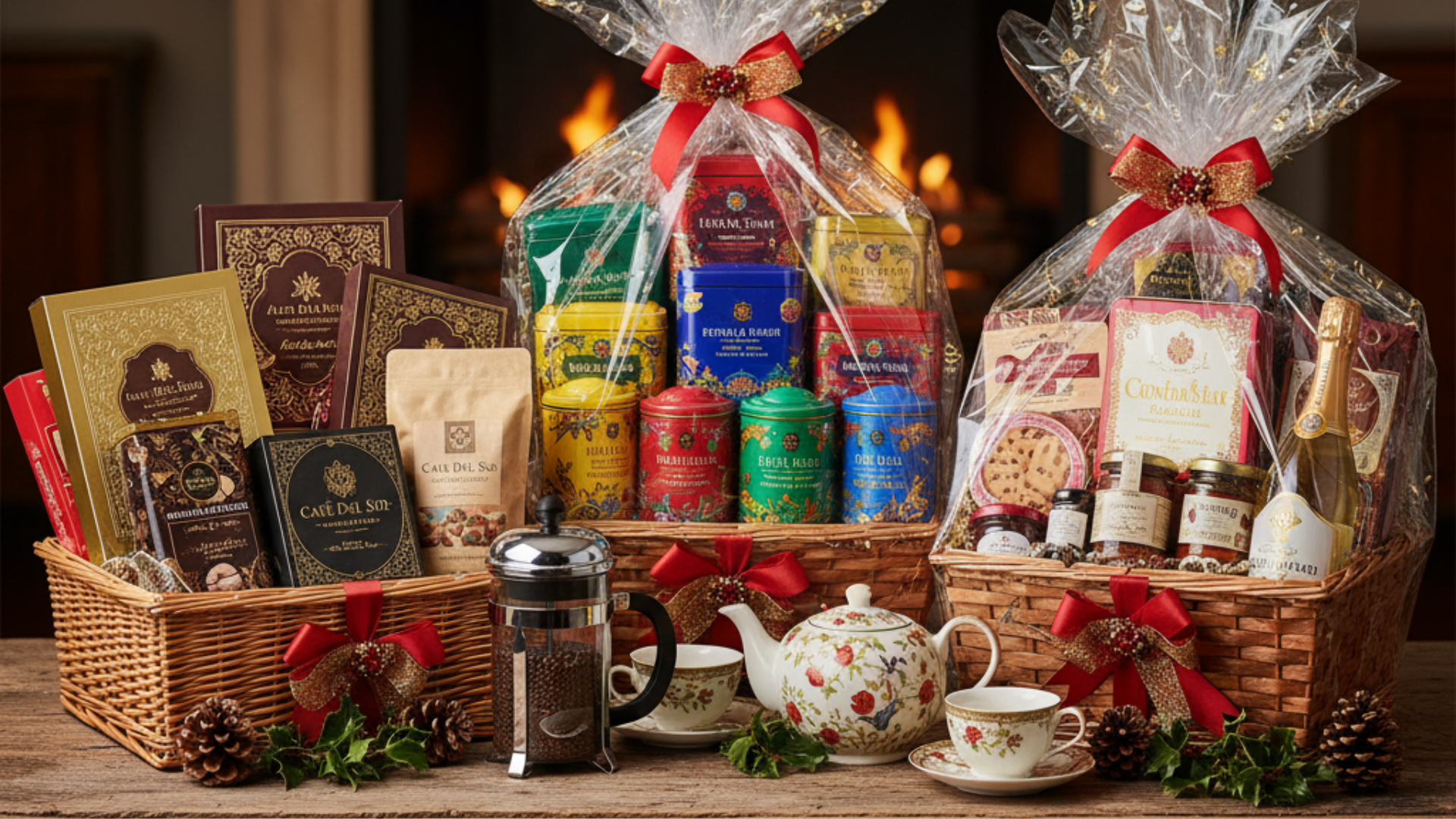 Two festive gourmet food and beverage hampers filled with teas, coffees, chocolates, and wine, set before a cozy fireplace.