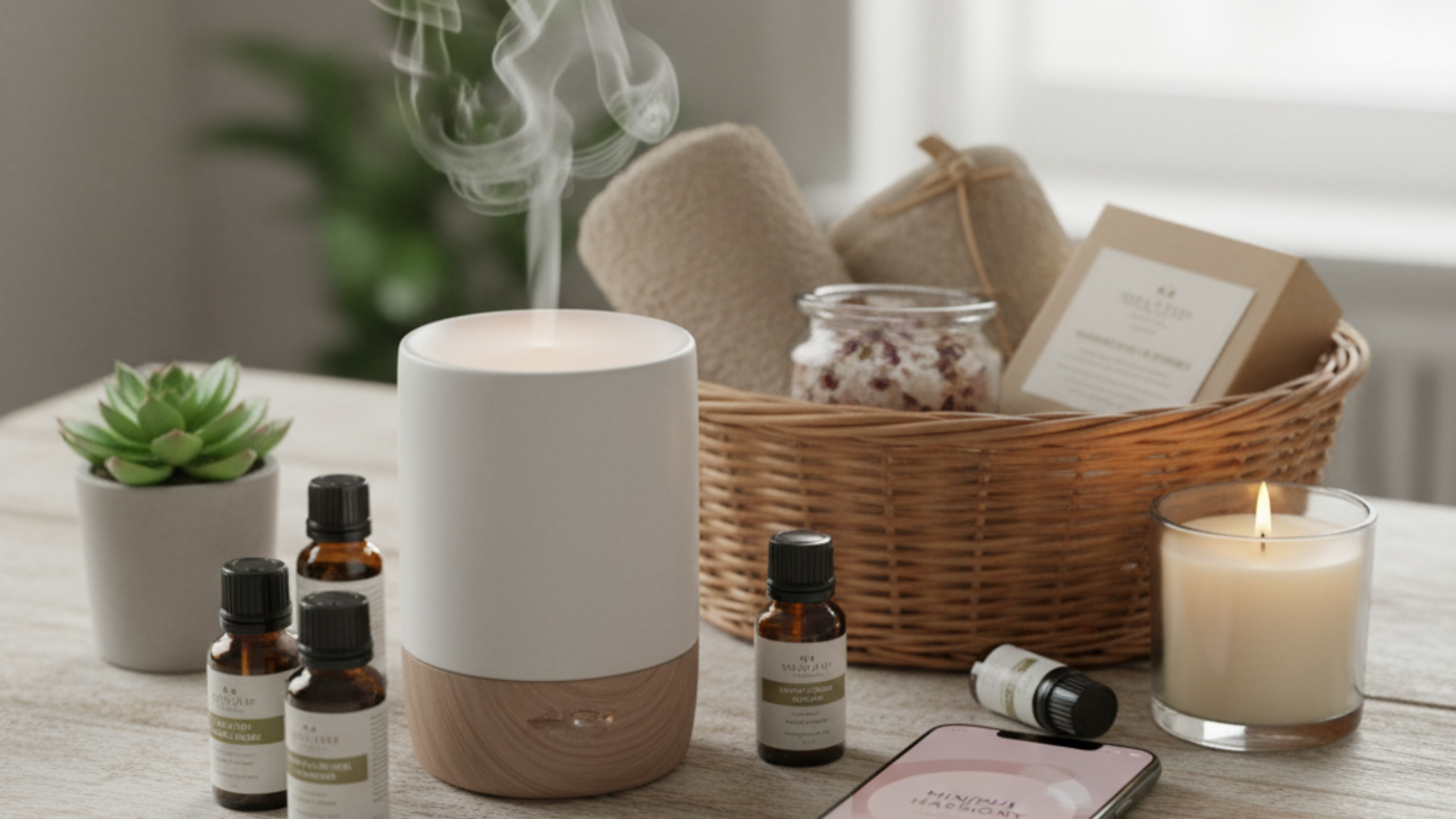 A wellness kit featuring an essential oil diffuser emitting steam, several bottles of essential oils, a lit candle, a smartphone displaying a meditation app, and a basket with towels and spa products.