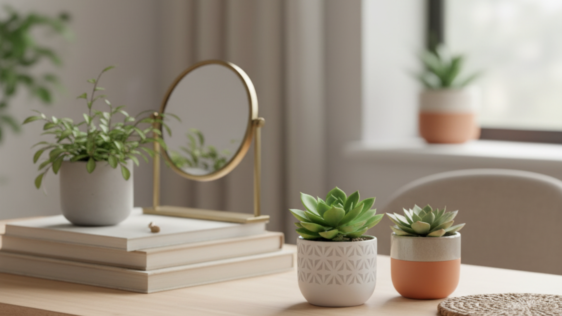 Small succulents and a round gold mirror on a light wooden desk, bringing nature and minimalist decor indoors.