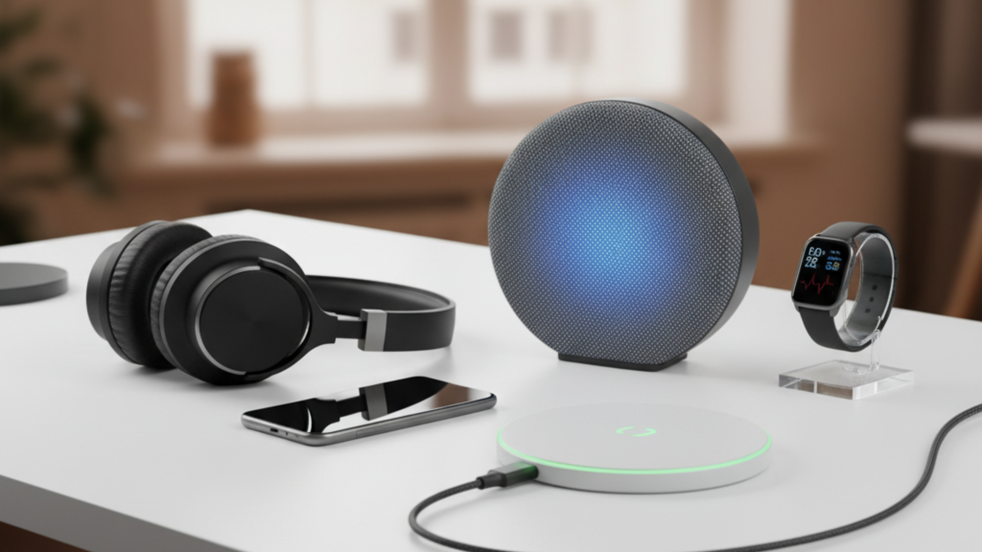 Modern tech gadgets on a white desk, including noise-canceling headphones, a Bluetooth speaker with a blue glow, a wireless charging pad, a smartphone, and a smartwatch.