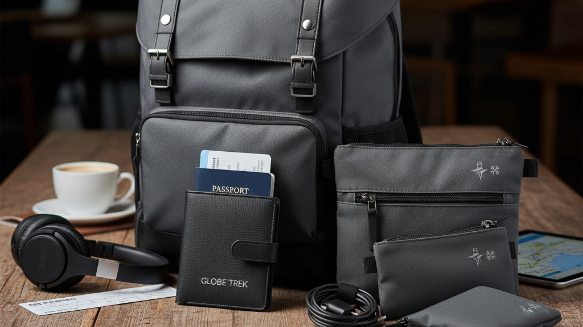 A collection of travel accessories on a wooden table, including a gray backpack, passport wallet, travel pouches, headphones, and a map on a tablet.