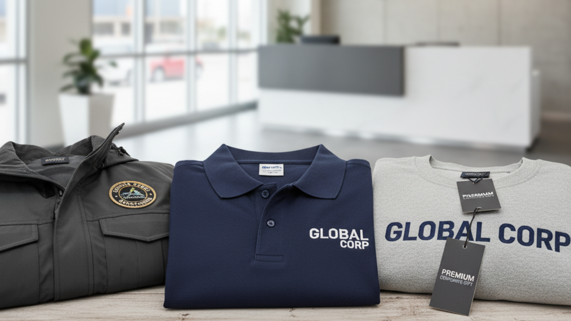 A dark gray jacket with a patch, a navy blue polo shirt with "GLOBAL CORP" embroidered, and a gray sweatshirt also branded with "GLOBAL CORP," all displayed on a wooden surface in front of a blurred modern office lobby.