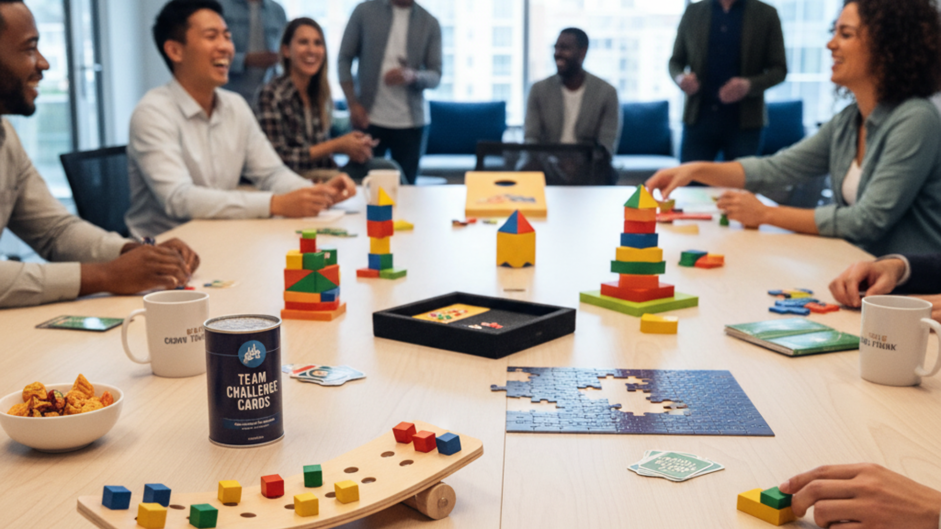 A group of diverse colleagues gathered around a large table, engaged in various desk games and team-building activities, including colorful block towers, puzzles, and "Team Challenge Cards," with some standing in the background.