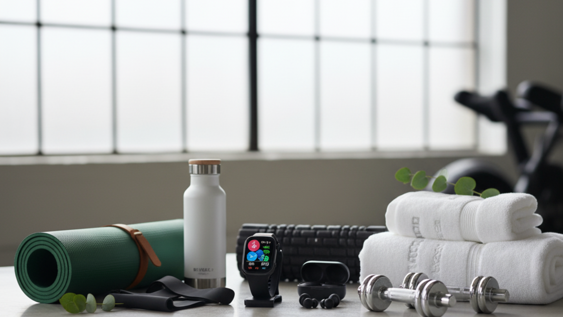 A collection of health and fitness items including a rolled yoga mat, a white water bottle, a fitness tracker, wireless earbuds, a foam roller, white towels, and two dumbbells on a light surface with a window in the background.