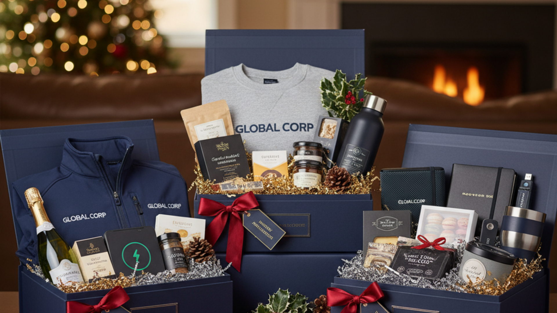 Three elegantly arranged navy blue gift boxes, each filled with a variety of premium corporate gifts like branded apparel, gourmet food items, tech gadgets, and a miniature bottle of champagne, set on a dark wooden table with a blurred Christmas tree and fireplace in the background.