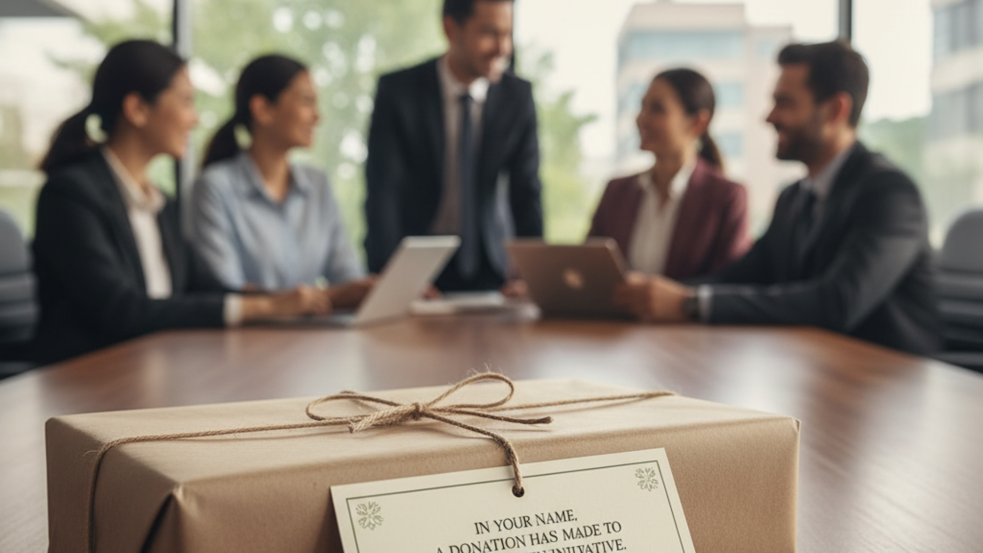 A simply wrapped gift box with a tag on a wooden table, stating "In your name, a donation has made to Global Green Initiative. Thank you for making a difference.
