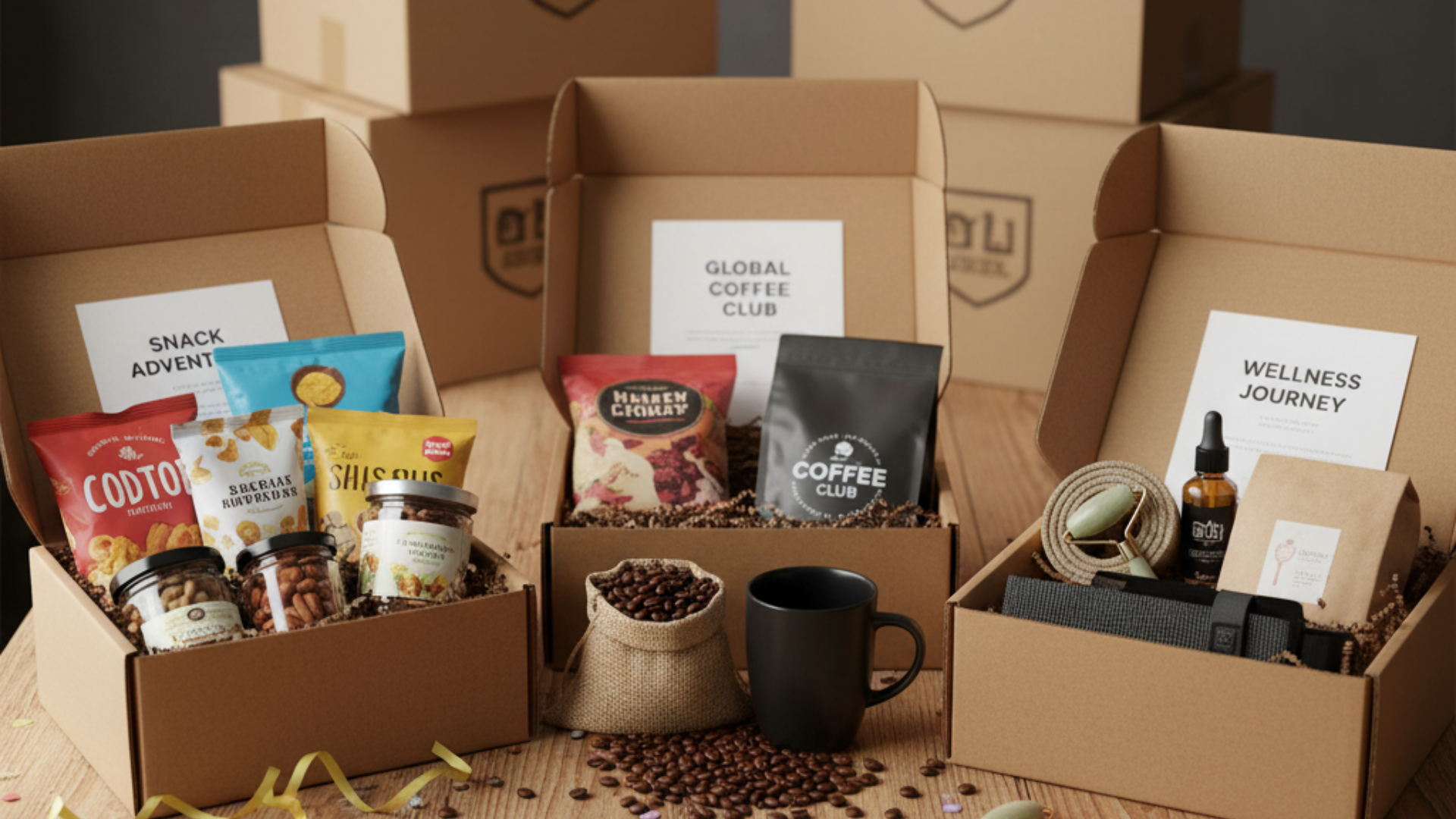 Three open subscription boxes containing snacks, coffee, and wellness products, surrounded by scattered coffee beans and confetti, with more stacked boxes in the background.