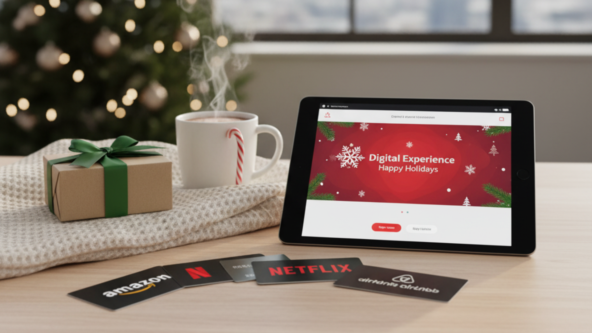 Digital experience holiday gift on a tablet, with a present, hot chocolate, and various gift cards (Amazon, Netflix, Airbnb) on a desk, next to a blurred Christmas tree.