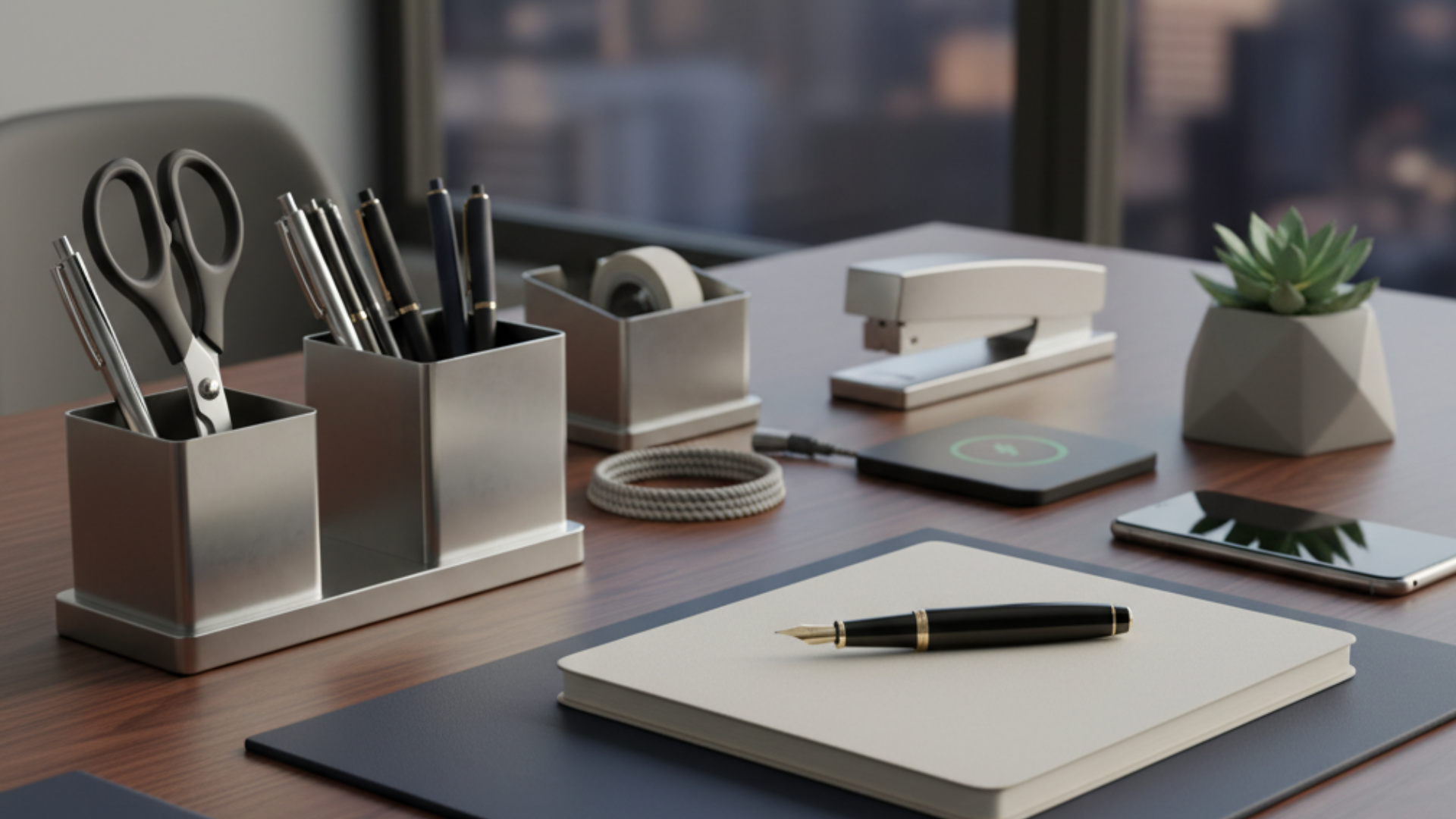 Premium office supplies on a wooden desk with a city skyline view. Includes a silver desk organizer (pens, scissors), a fountain pen on a notebook, a stapler, and a succulent plant.
