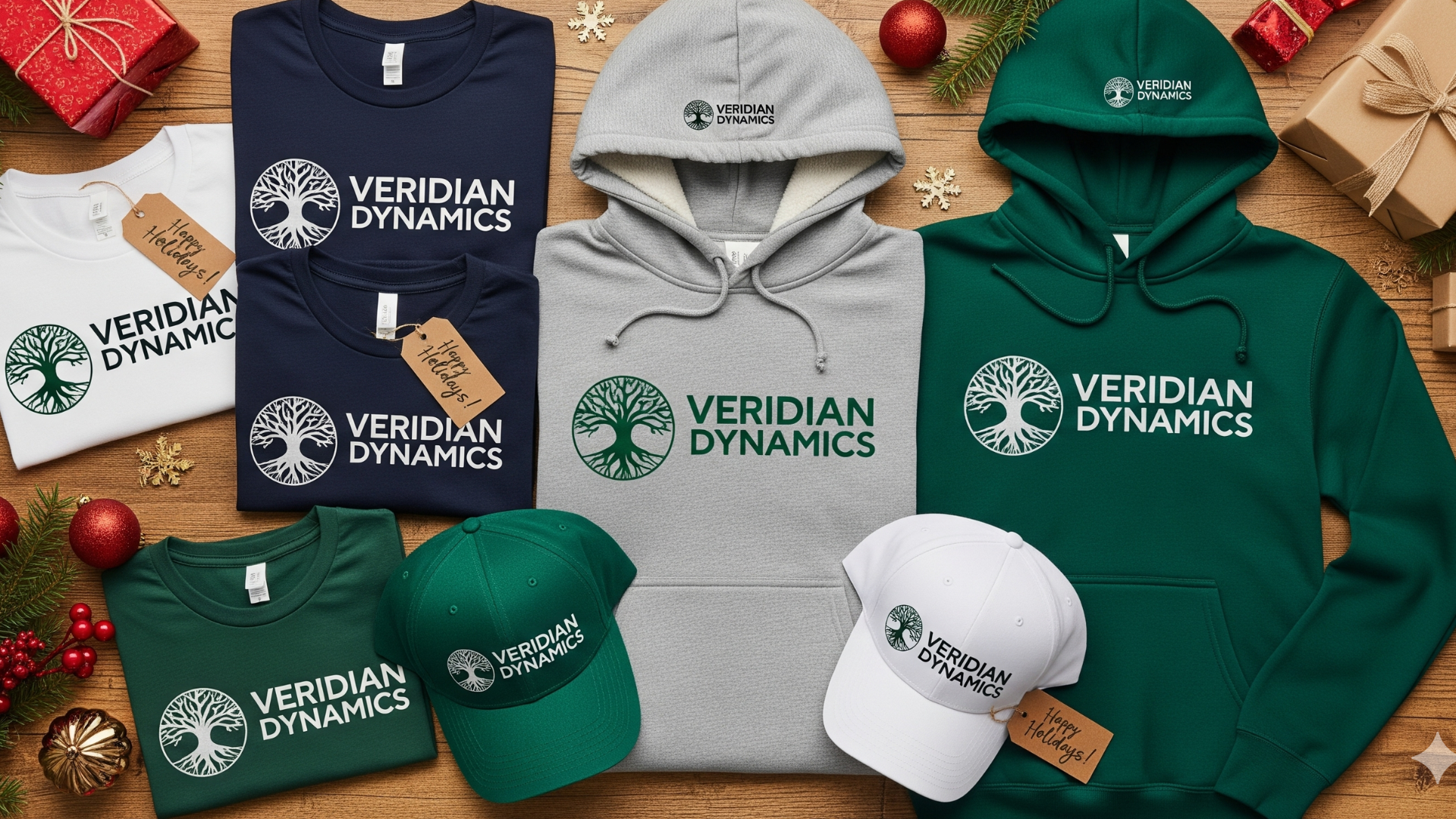 Custom-branded apparel, including hoodies, t-shirts, and caps with a company logo, displayed as employee Christmas gifts on a wooden table with festive decorations.