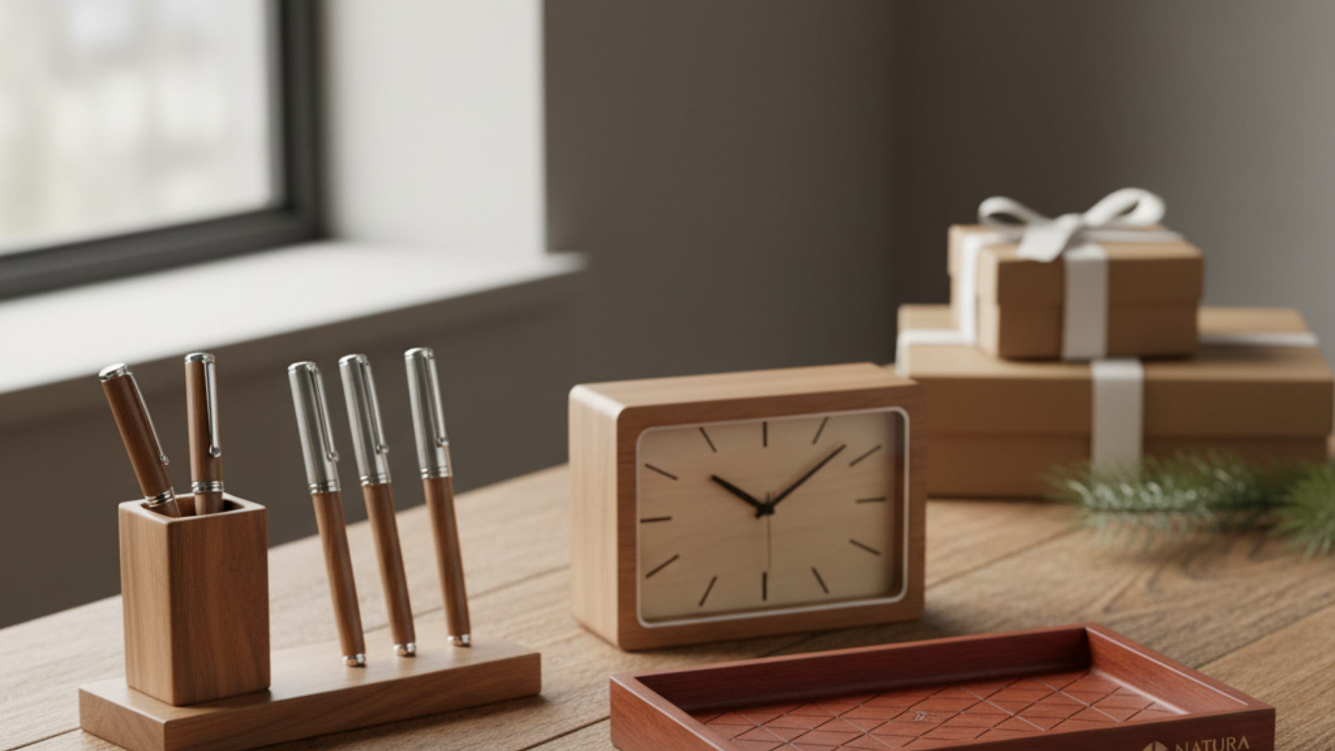 A wooden desk with a matching wooden pen holder with four pens, a minimalist wooden clock, and an engraved wooden tray. Wrapped gift boxes sit in the background.