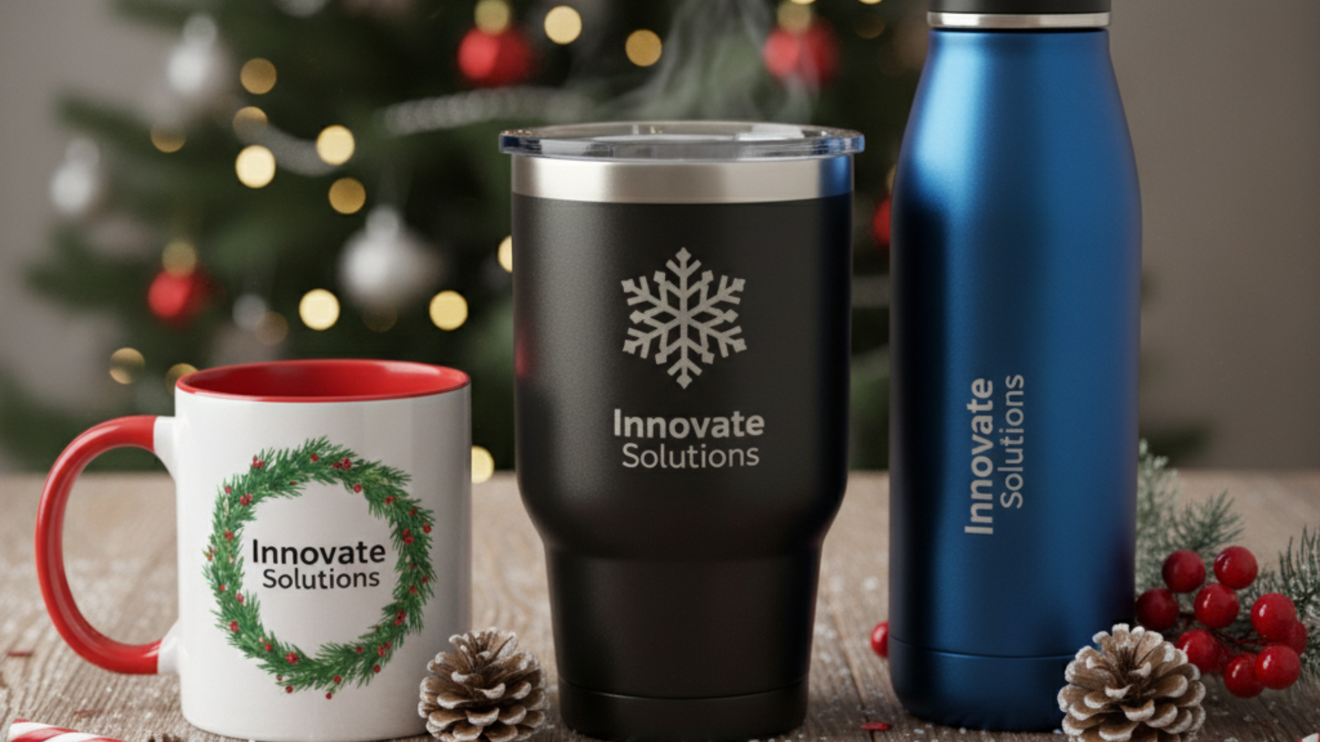 Personalized drinkware (mug, tumbler, smart bottle) branded with "Innovate Solutions" against a Christmas tree background.