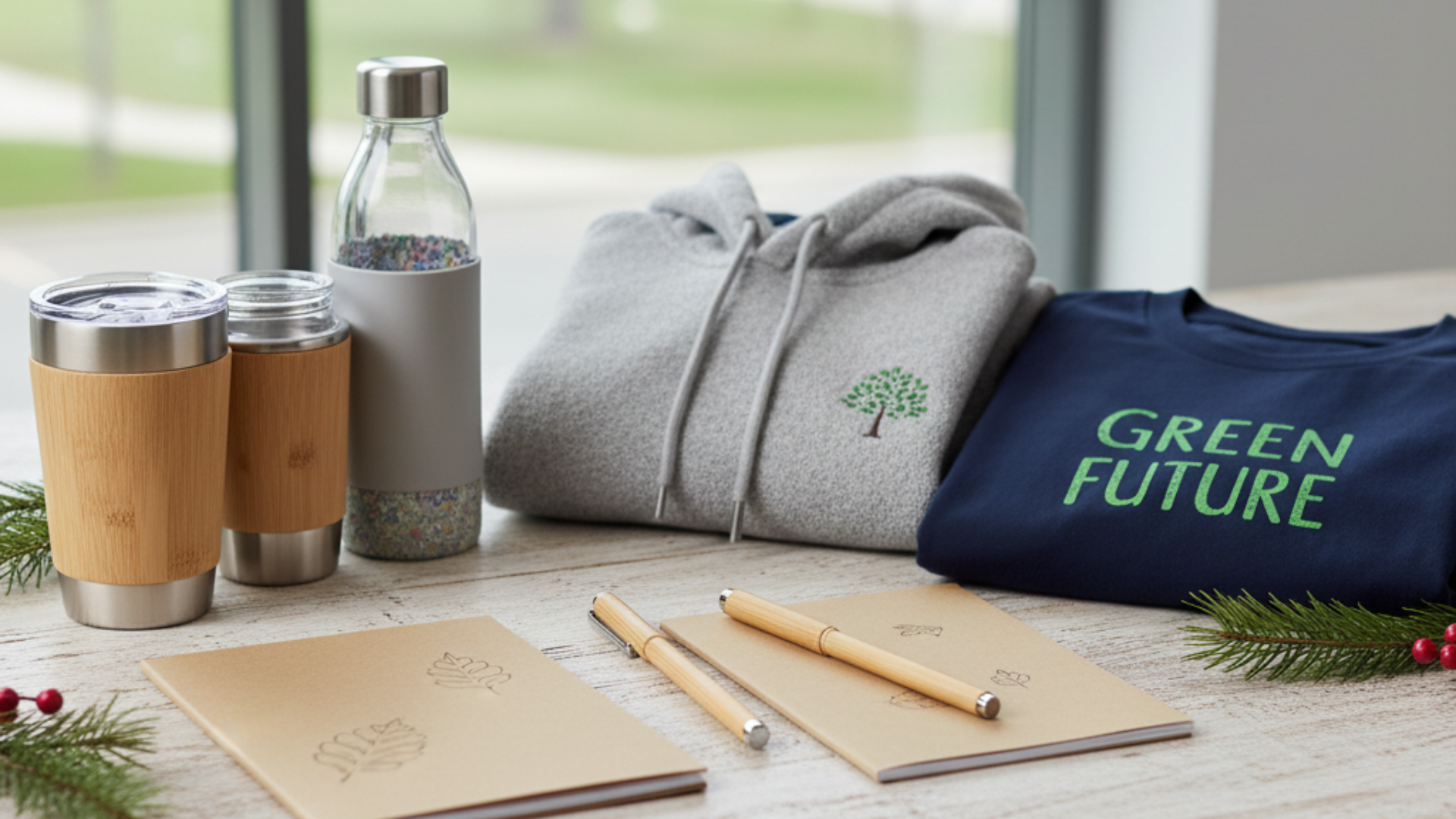 Sustainable and eco-friendly corporate gifts displayed on a wooden table, including bamboo tumblers, a glass water bottle, two notebooks with bamboo pens, a gray hoodie with a tree logo, and a navy t-shirt that says "GREEN FUTURE."