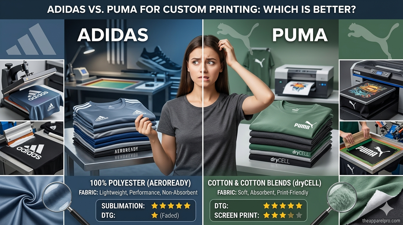 A woman stands in the center, looking confused and touching her head while deciding between Adidas and Puma for custom t-shirts printing