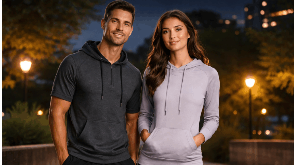 Couple wearing casual hoodies on a summer night.