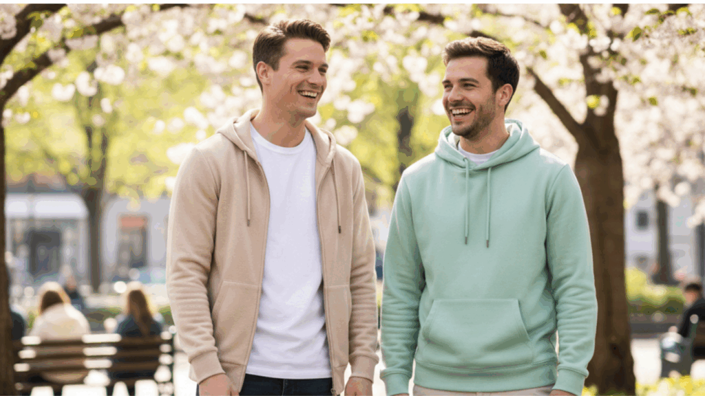 Two men wearing hoodies, one in a zip-up hoodie and the other in a pullover