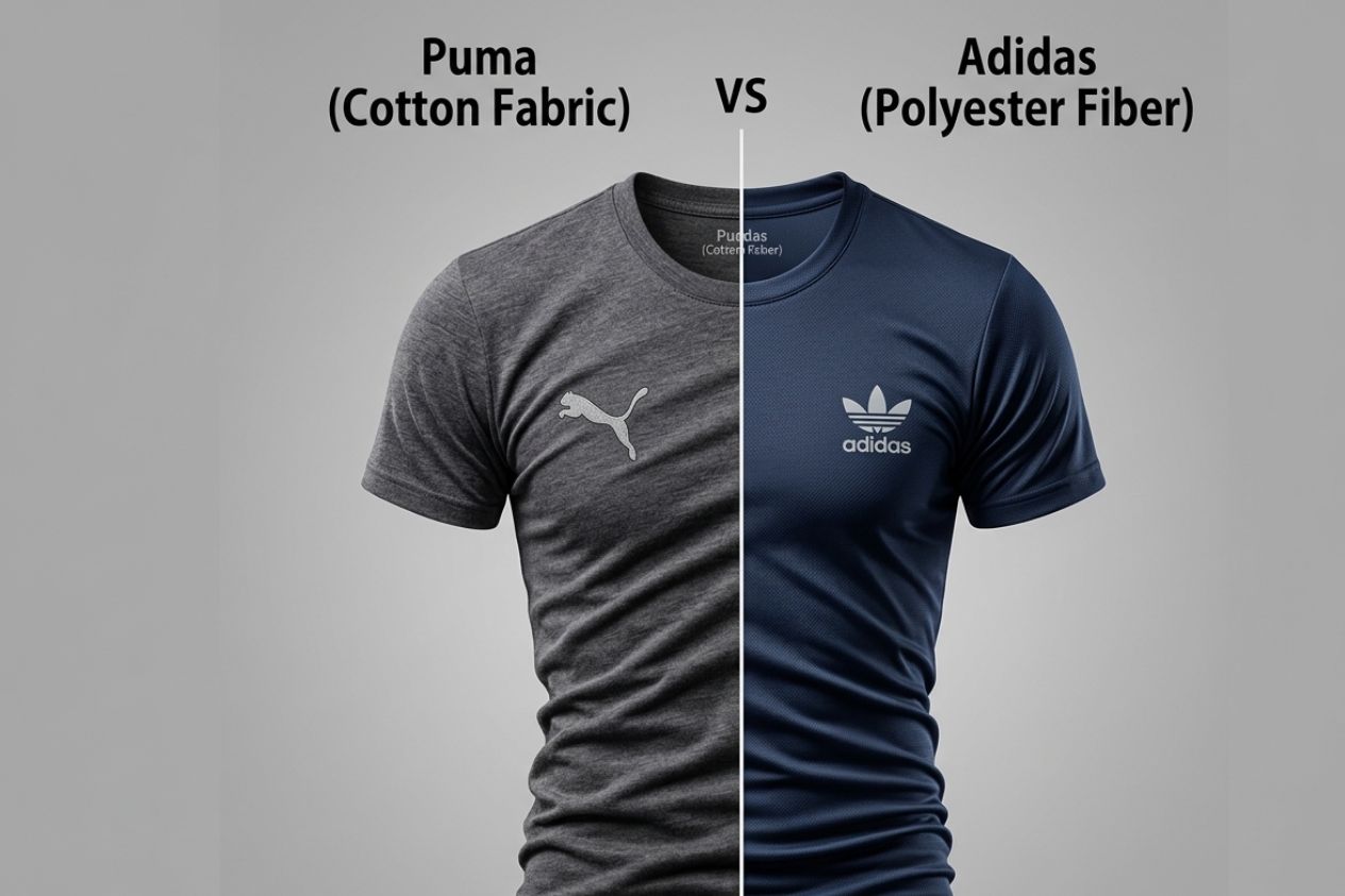 A split-screen comparison image of "Puma (Cotton Fabric)" on the left and "Adidas (Polyester Fiber)