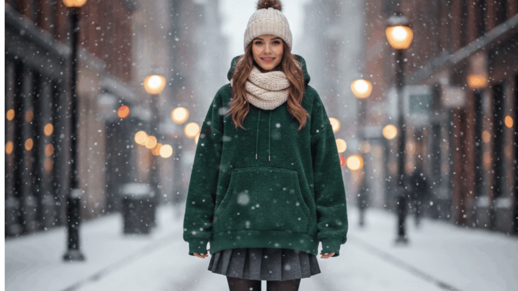 Woman wearing a hoodie and a short skirt standing outdoors in a snowy winter setting.