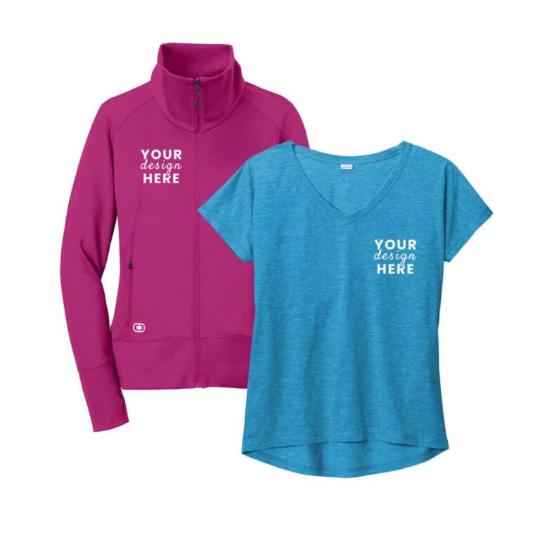 Custom branded apparel featuring a blue V-neck T-shirt and purple zip-up jacket with personalized logo designs.