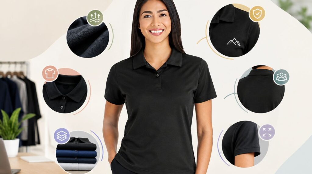 Black custom polo shirt displayed on a model with highlighted details showing fabric texture, collar design, embroidery, fit, and customization options.
