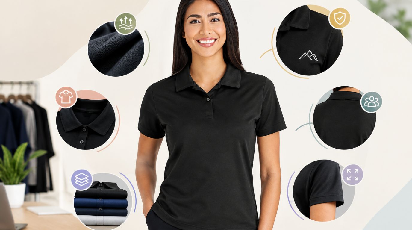 Black custom polo shirt displayed on a model with highlighted details showing fabric texture, collar design, embroidery, fit, and customization options.