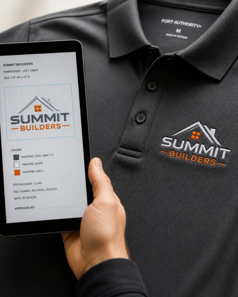 Close-up of a black polo shirt with a custom embroidered company logo beside a digital embroidery design proof showing logo placement, colors, and stitch details.