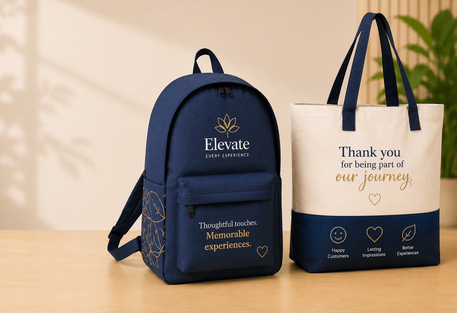 Custom printed backpack and tote bag display