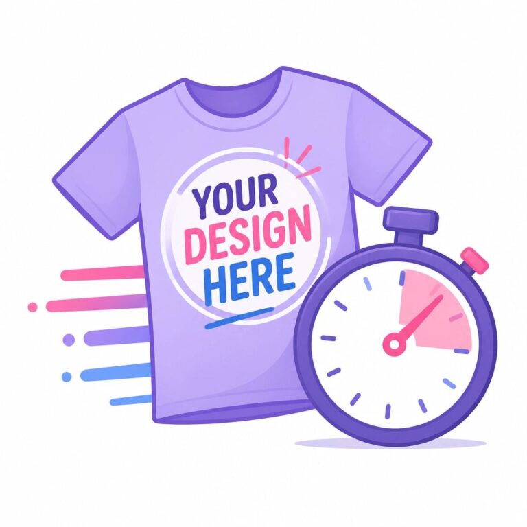 Custom purple T-shirt illustration with "Your Design Here" text and a stopwatch symbol representing fast custom apparel design services.