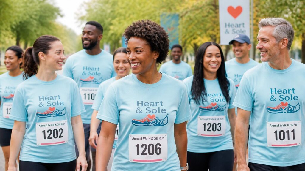 A group of participants wearing matching custom blue Heart & Sole event T-shirts during a community walk and 5K run.
