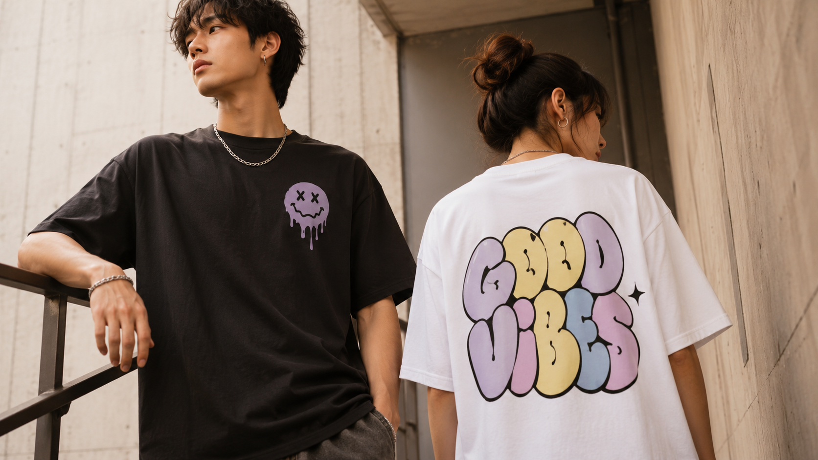 Models showcasing oversized graphic T-shirt designs